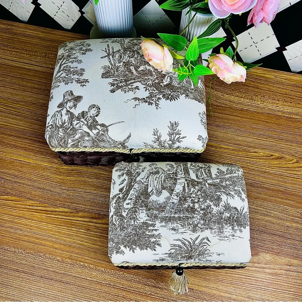French‎ Country Toile Boxes Wicker Lined Tassel Pair Vintage Luxury